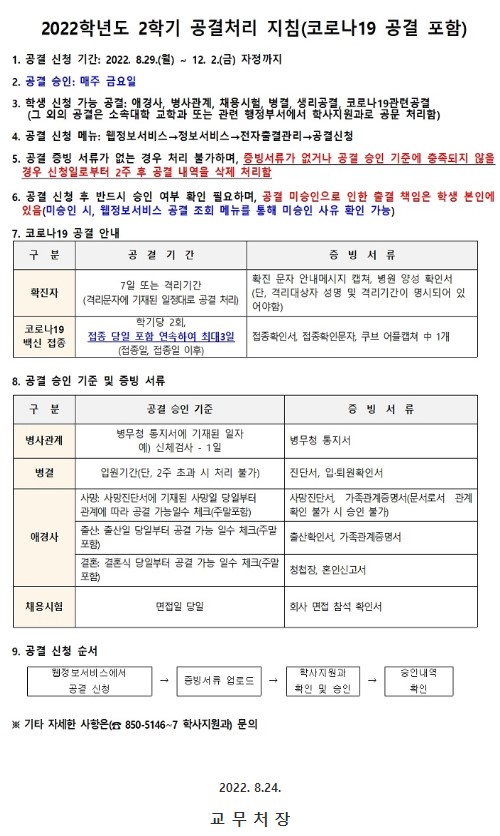 2022학년도 2학기 공결처리 지침(코로나19 공결 포함) – 원광대학교 중국학과